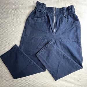 Banana Republic Womens Sz 12 Navy Blue Elastic Waist Pants Cotton Linen Paperbag